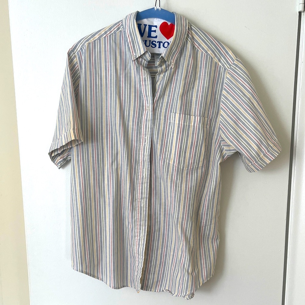 Cabin Creek Men's White short-sleeve Striped Shirt Blue, Red, Yellow, sz 16/M
